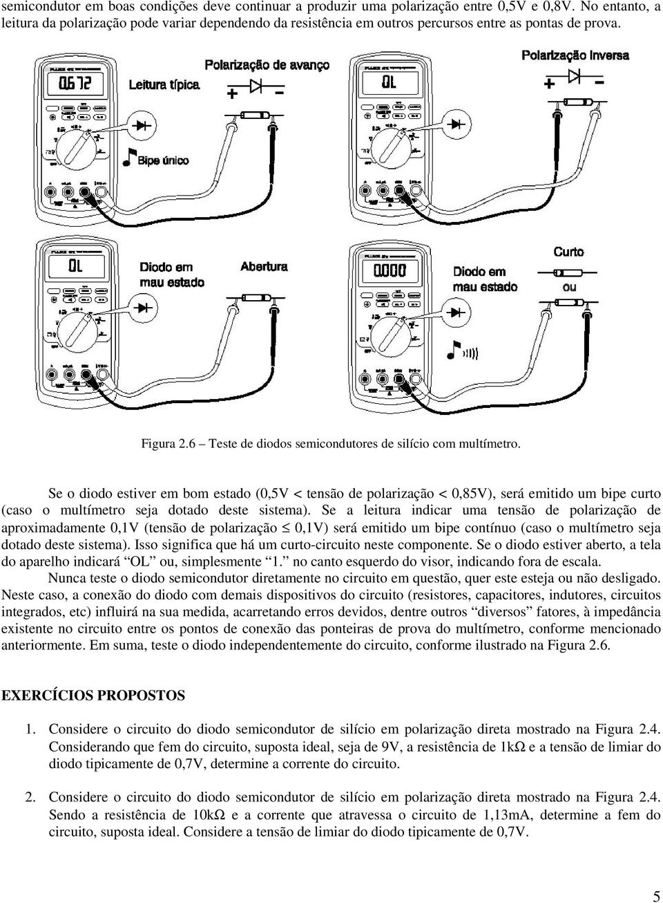 Se o diodo estiver em bom estado (0,5V < tensão de polarização < 0,85V), será emitido um bipe curto (caso o multímetro seja dotado deste sistema).