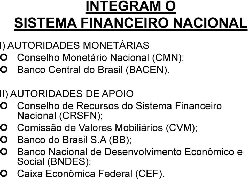 II) AUTORIDADES DE APOIO Conselho de Recursos do Sistema Financeiro Nacional (CRSFN);