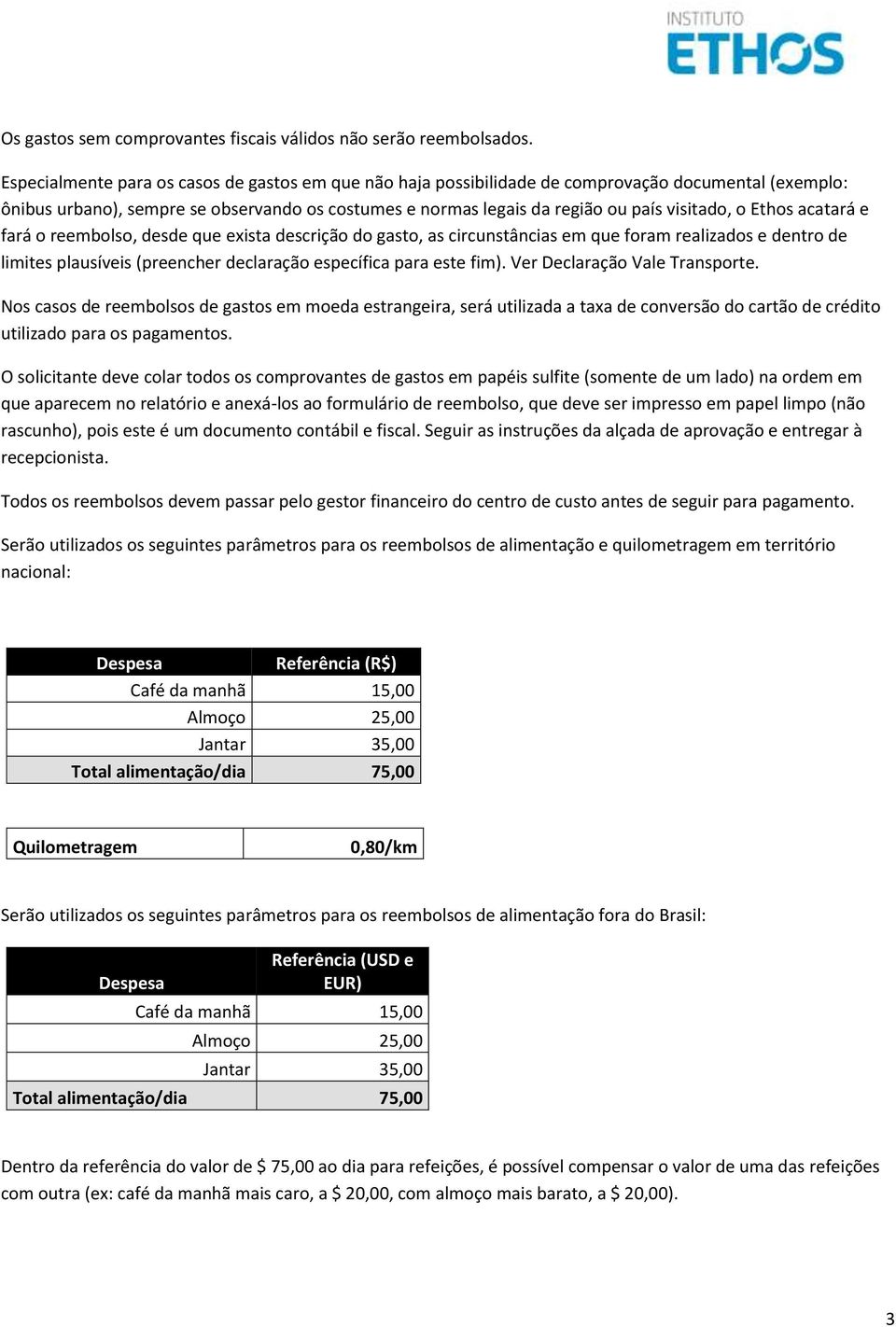 Ethos acatará e fará o reembolso, desde que exista descrição do gasto, as circunstâncias em que foram realizados e dentro de limites plausíveis (preencher declaração específica para este fim).