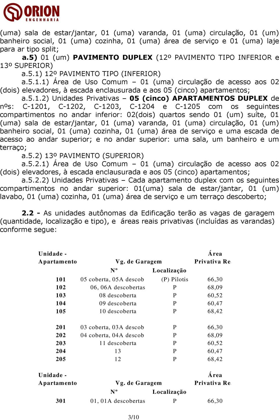 5.1.2) Unidades Privativas 05 (cinco) APARTAMENTOS DUPLEX de nºs: C-1201, C-1202, C-1203, C-1204 e C-1205 com os seguintes compartimentos no andar inferior: 02(dois) quartos sendo 01 (um) suíte, 01