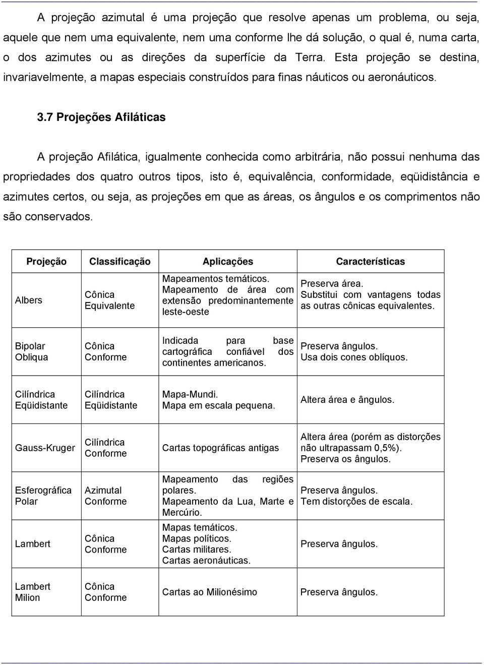 7 Projeções Afiláticas A projeção Afilática, igualmente conhecida como arbitrária, não possui nenhuma das propriedades dos quatro outros tipos, isto é, equivalência, conformidade, eqüidistância e