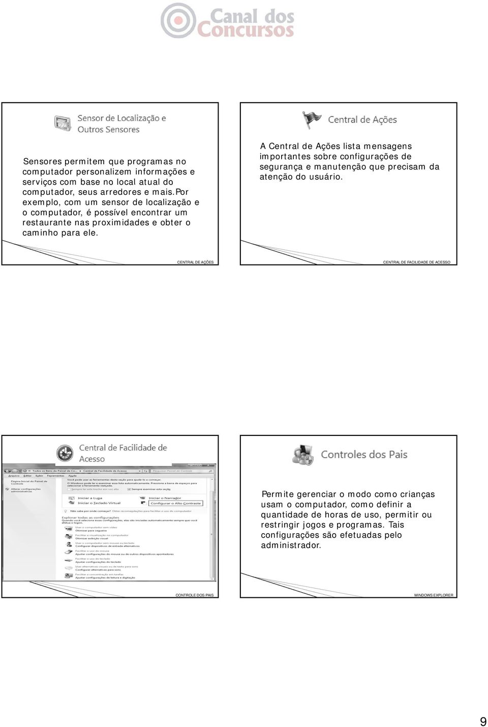 A Central de Ações lista mensagens importantes sobre configurações de segurança e manutenção que precisam da atenção do usuário.