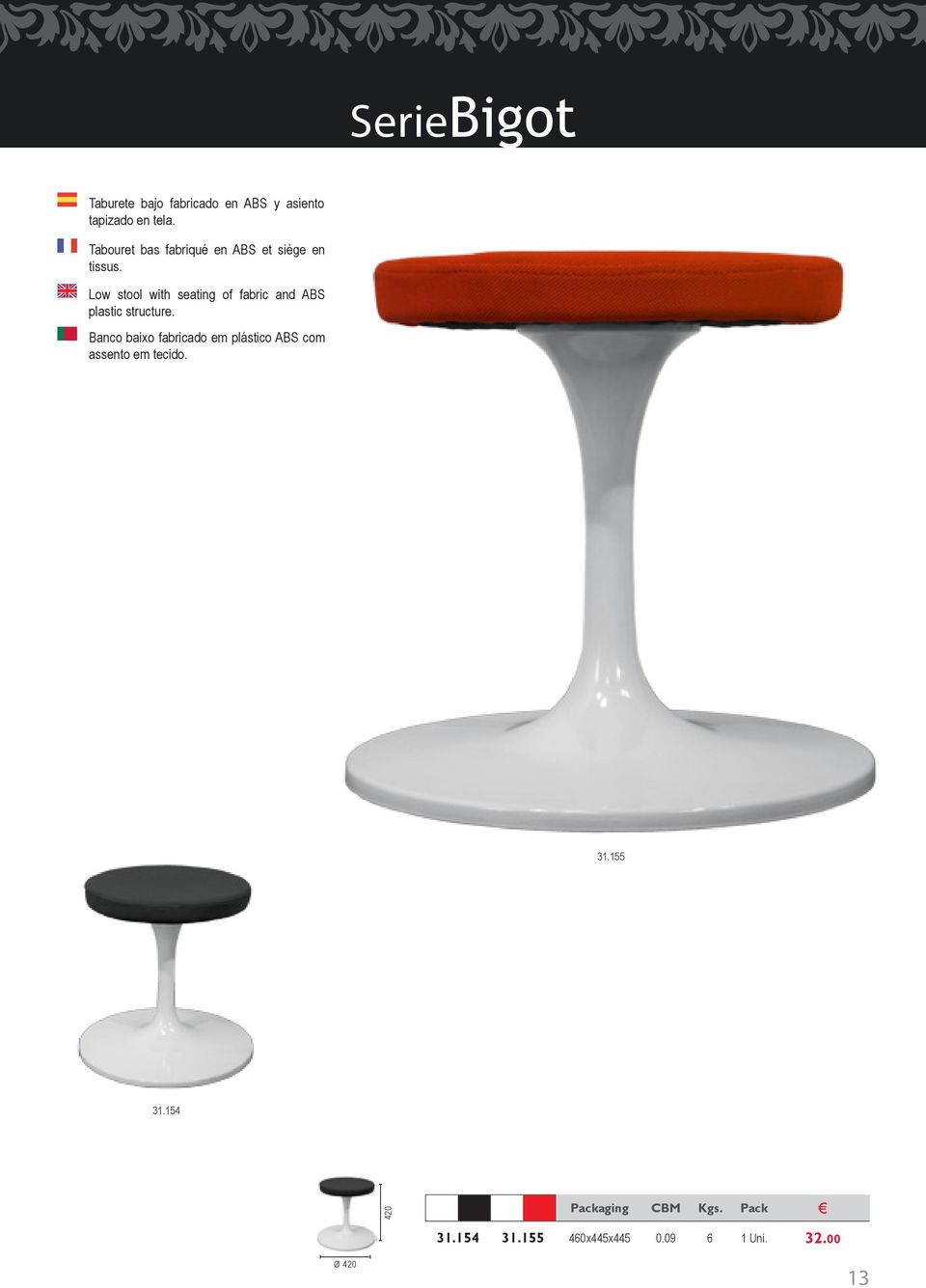 Low stool with seating of fabric and ABS plastic structure.