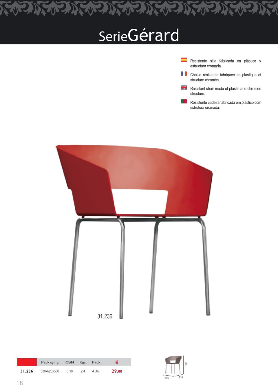 Resistant chair made of plastic and chromed structure.
