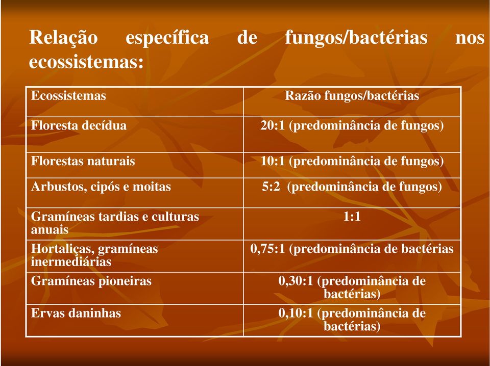 Hortaliças, gramíneas inermediárias Gramíneas pioneiras Ervas daninhas 10:1 (predominância de fungos) 5:2