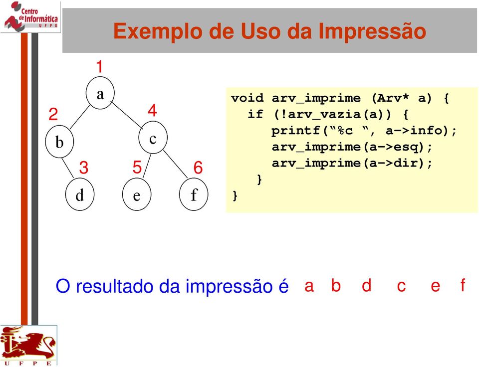 arv_vazia(a)) { printf( %c, a->info);