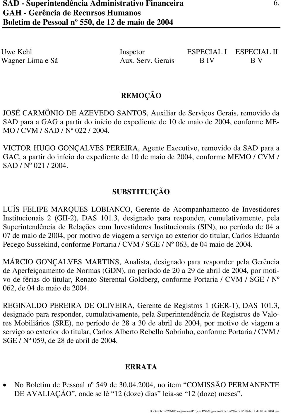Nº 022 / 2004. VICTOR HUGO GONÇALVES PEREIRA, Agente Executivo, removido da SAD para a GAC, a partir do início do expediente de 10 de maio de 2004, conforme MEMO / CVM / SAD / Nº 021 / 2004.