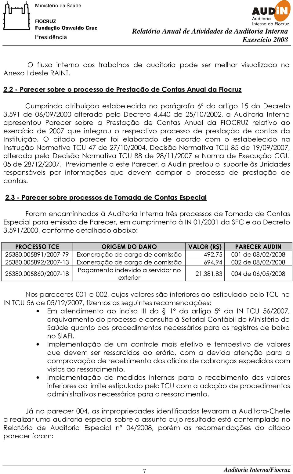 440 de 25/10/2002, a Auditoria Interna apresentou Parecer sobre a Prestação de Contas Anual da FIOCRUZ relativo ao exercício de 2007 que integrou o respectivo processo de prestação de contas da