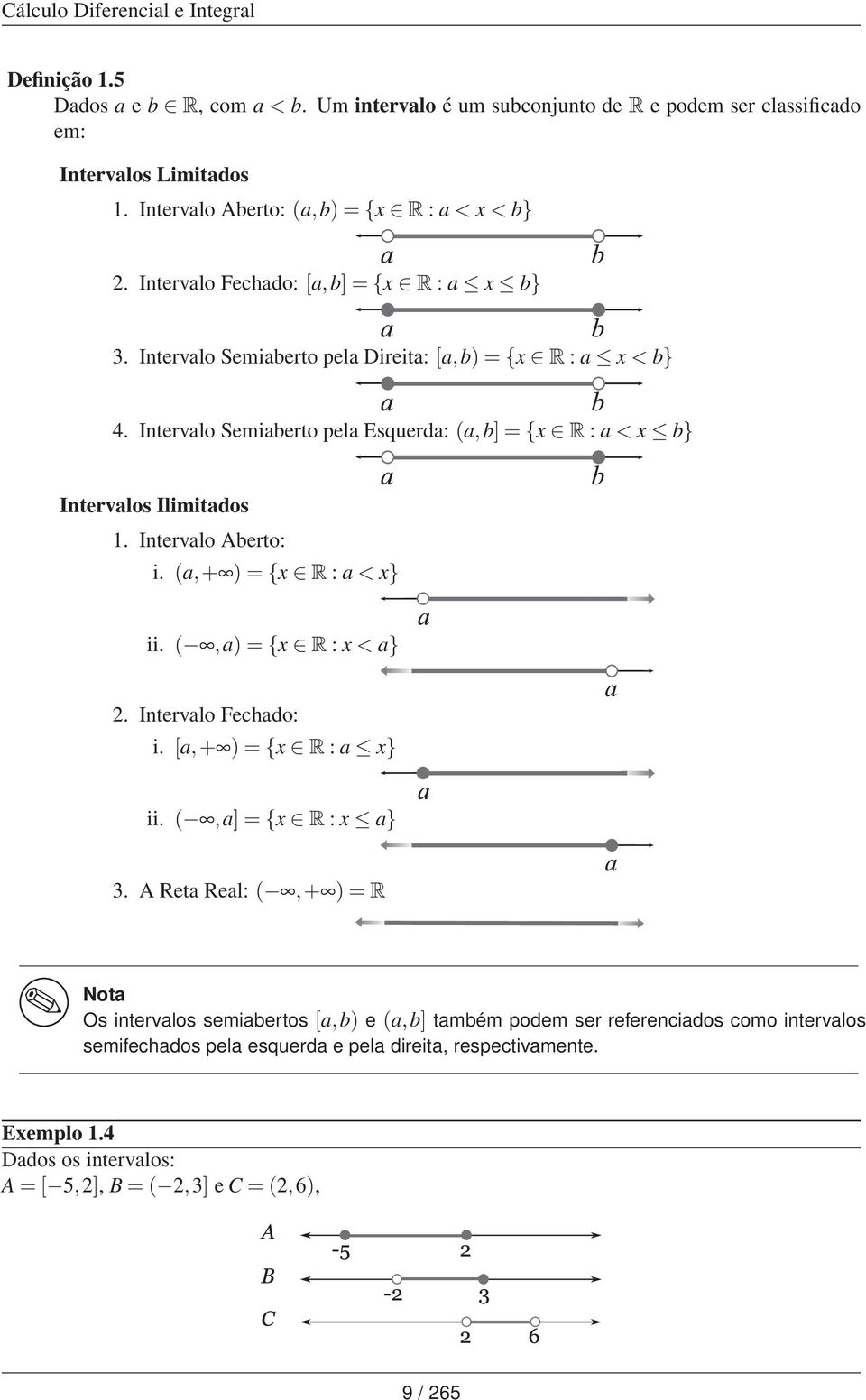 Intervalo Aberto: i. (a,+ ) = { R : a < } ii. (,a) = { R : < a}. Intervalo Fechado: i. [a,+ ) = { R : a } ii. (,a] = { R : a} 3.