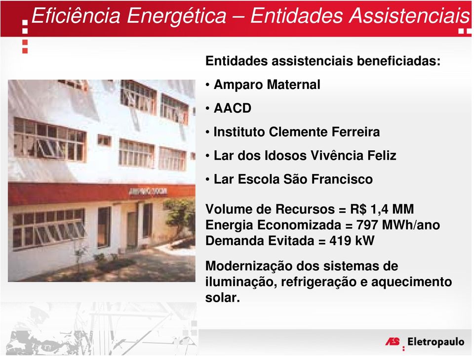 Escola São Francisco Volume de Recursos = R$ 1,4 MM Energia Economizada = 797 MWh/ano