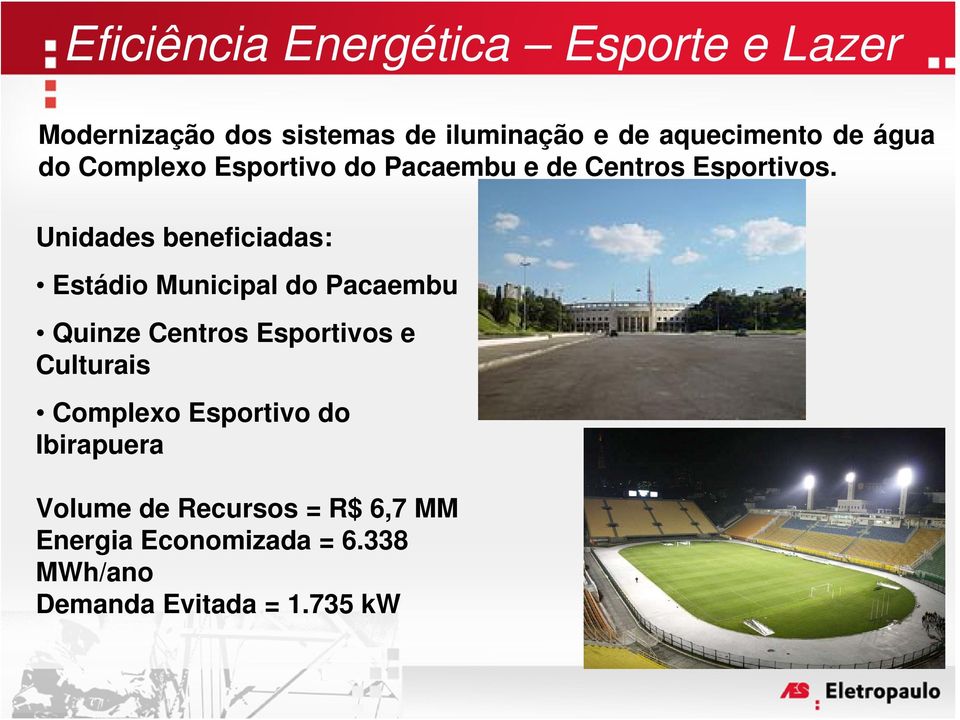 Unidades beneficiadas: Estádio Municipal do Pacaembu Quinze Centros Esportivos e Culturais