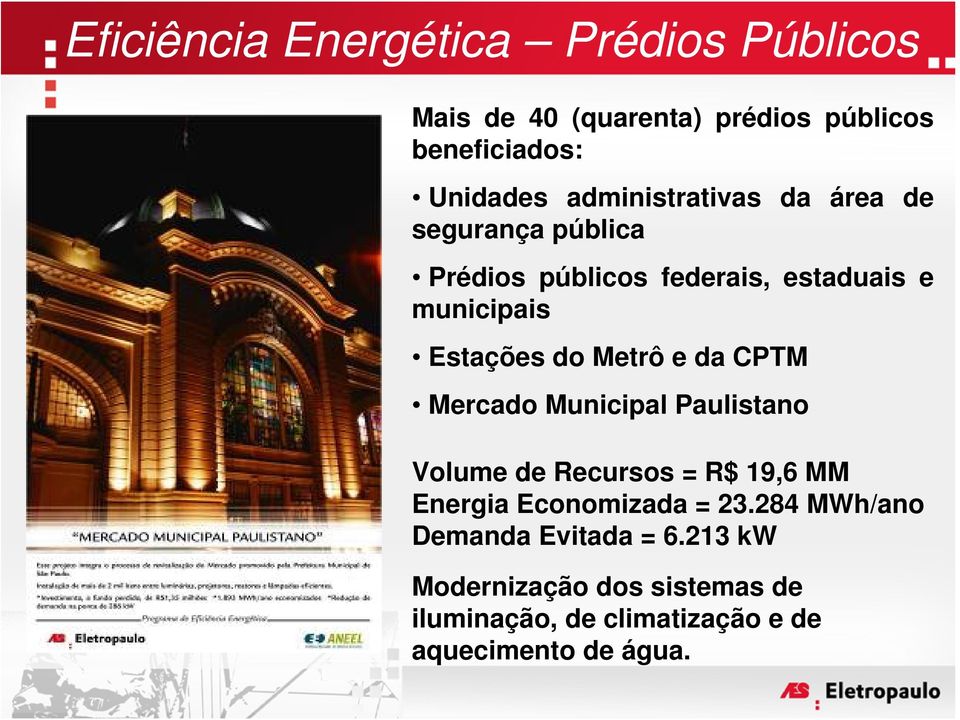 Metrô e da CPTM Mercado Municipal Paulistano Volume de Recursos = R$ 19,6 MM Energia Economizada = 23.