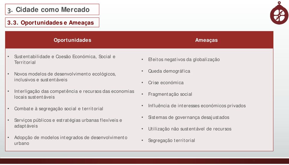 públicos e estratégias urbanas flexíveis e adaptáveis Adopção de modelos integrados de desenvolvimento urbano Efeitos negativos da globalização Queda demográfica Crise