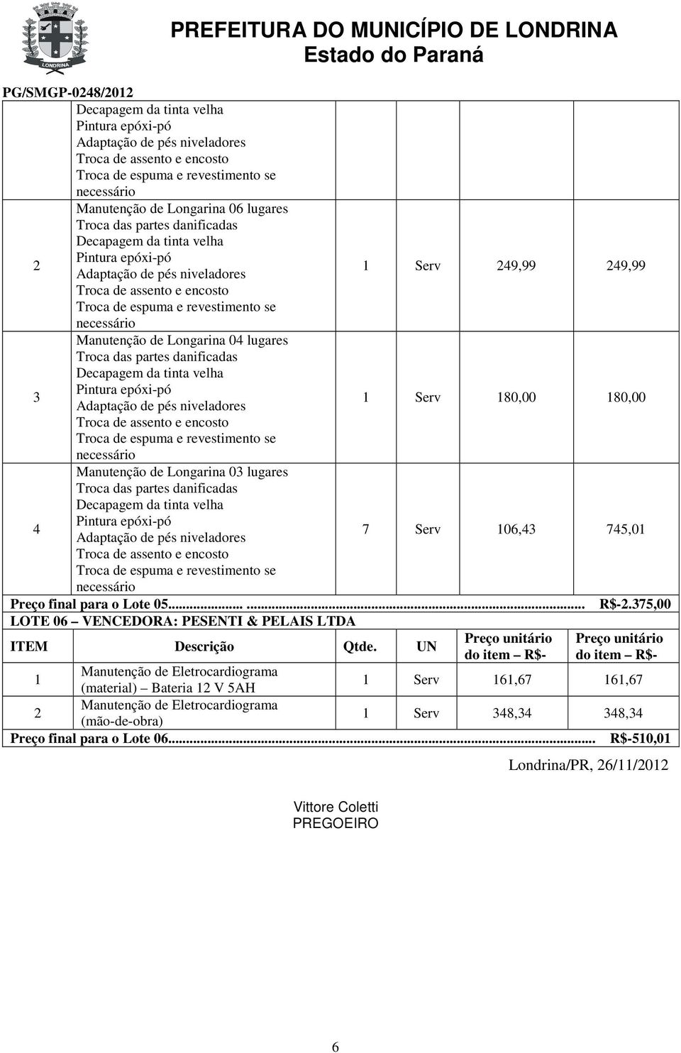 75,00 LOTE 06 VENCEDORA: PESENTI & PELAIS LTDA Manutenção de Eletrocardiograma (material) Bateria V 5AH Serv 6,67