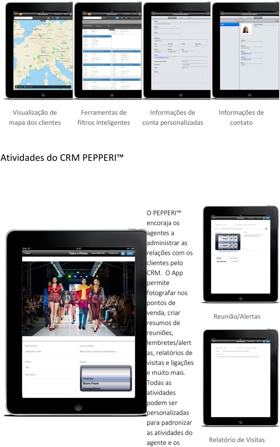 O App permite fotografar nos pontos de venda, criar resumos de reuniões, lembretes/alert as, relatórios de visitas e ligações