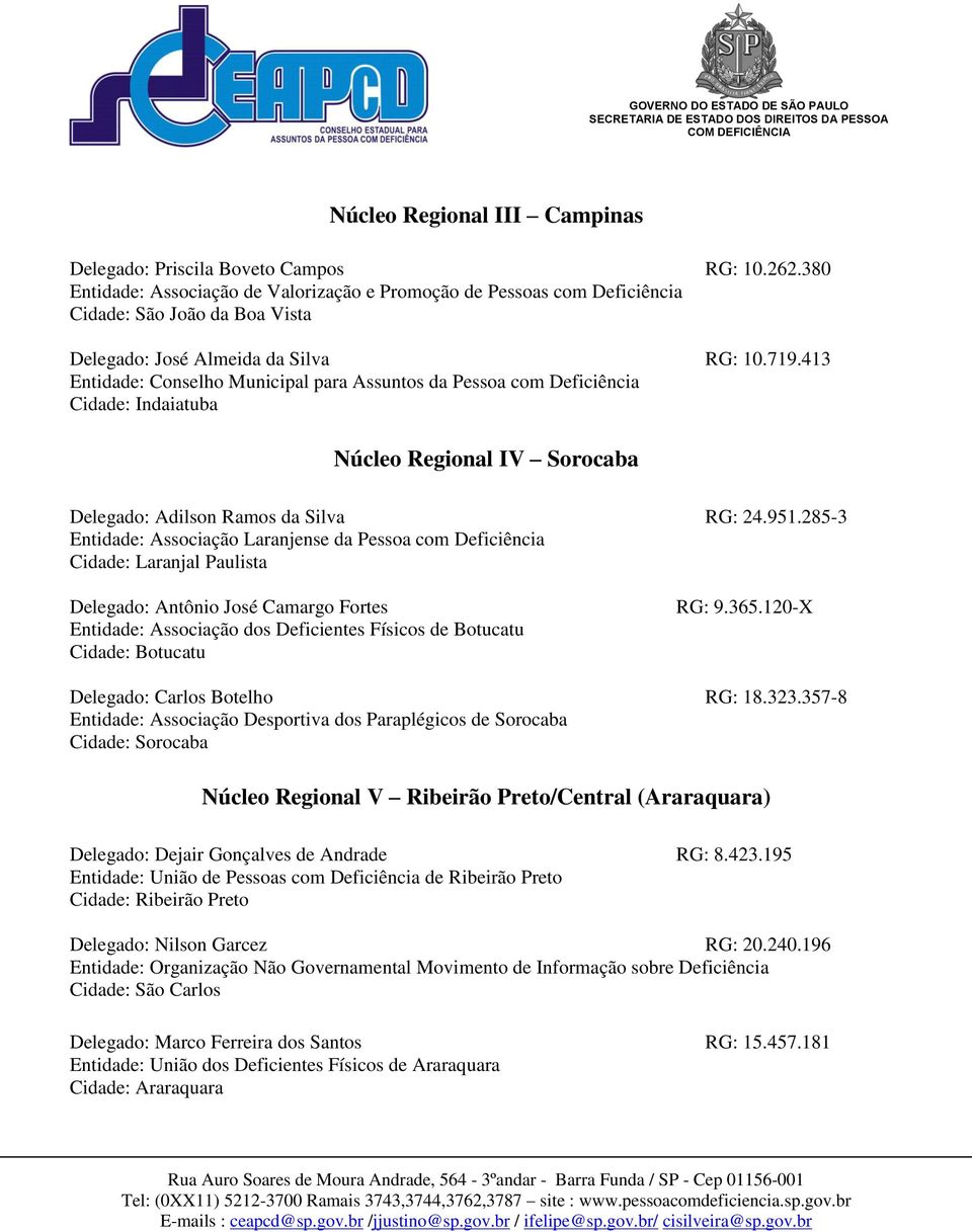 413 Entidade: Conselho Municipal para Assuntos da Pessoa com Deficiência Cidade: Indaiatuba Núcleo Regional IV Sorocaba Delegado: Adilson Ramos da Silva RG: 24.951.