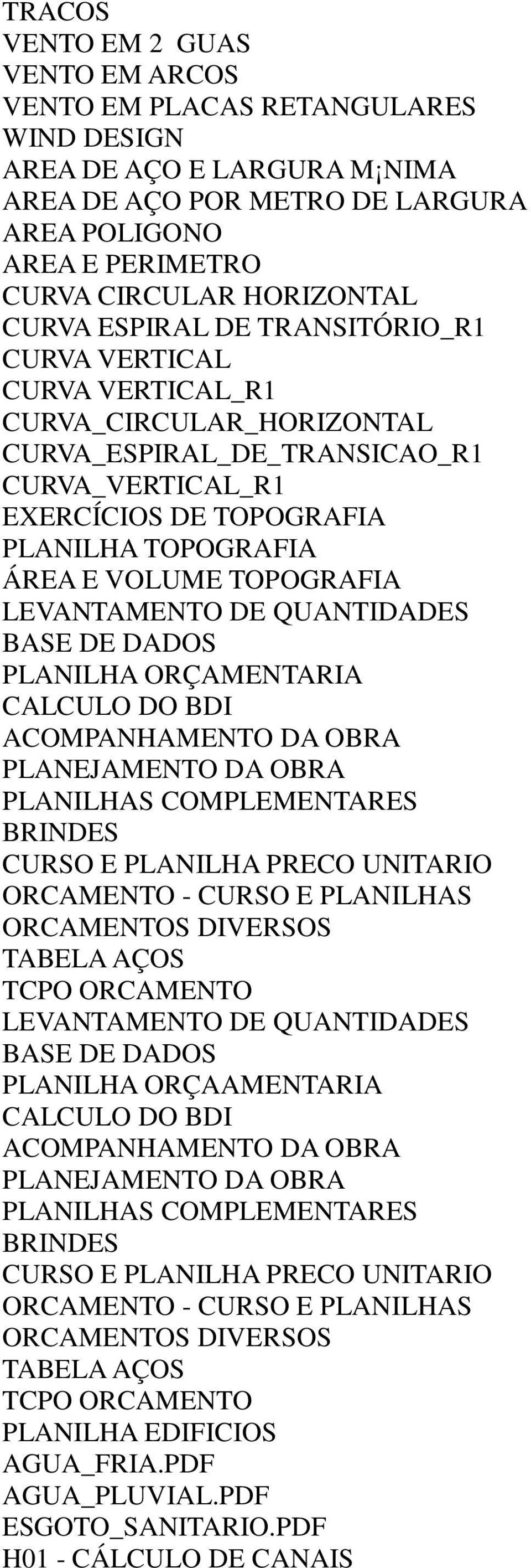 TOPOGRAFIA LEVANTAMENTO DE QUANTIDADES BASE DE DADOS PLANILHA ORÇAMENTARIA CALCULO DO BDI ACOMPANHAMENTO DA OBRA PLANEJAMENTO DA OBRA PLANILHAS COMPLEMENTARES BRINDES CURSO E PLANILHA PRECO UNITARIO