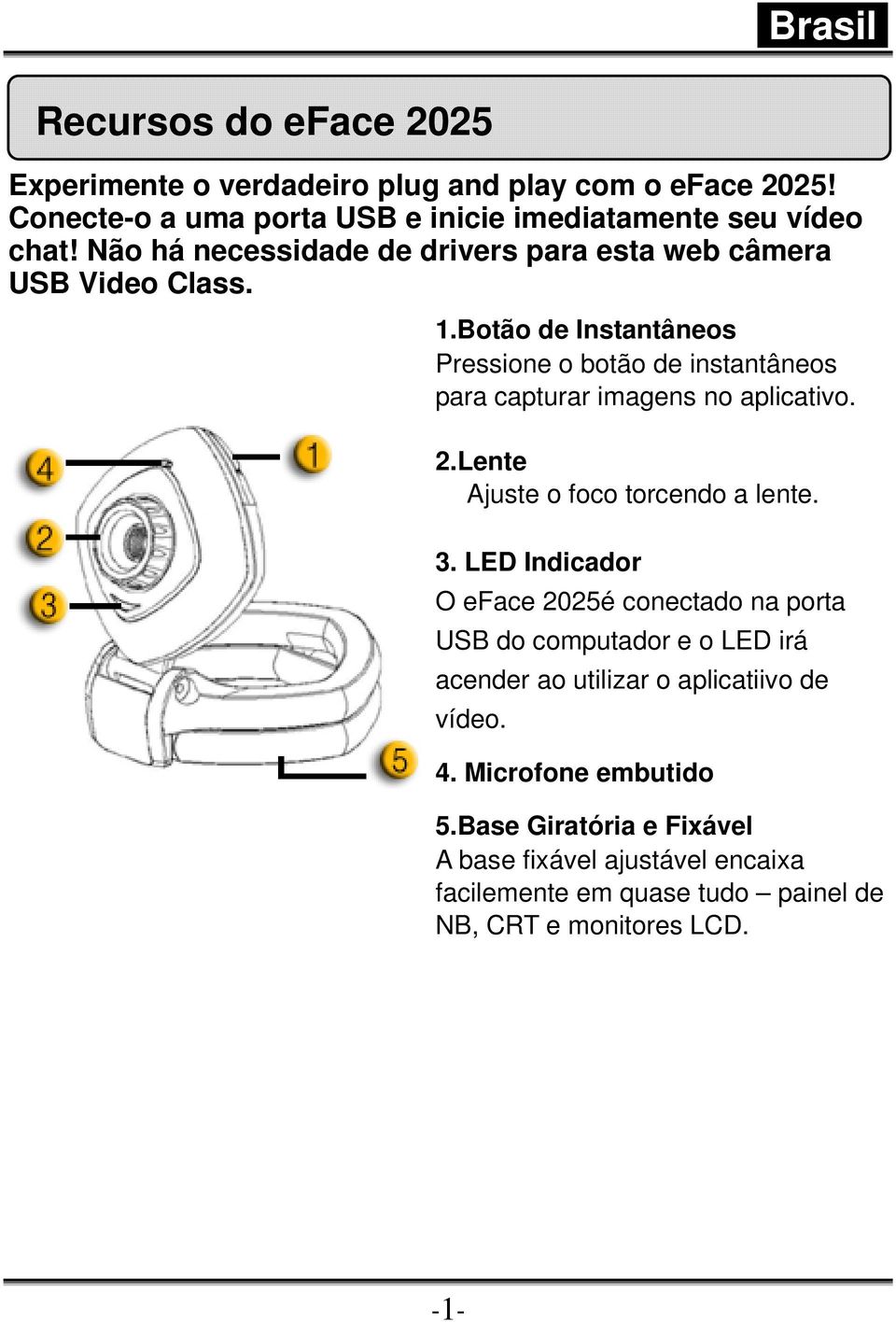 Botão de Instantâneos Pressione o botão de instantâneos para capturar imagens no aplicativo. 2.Lente Ajuste o foco torcendo a lente. 3.