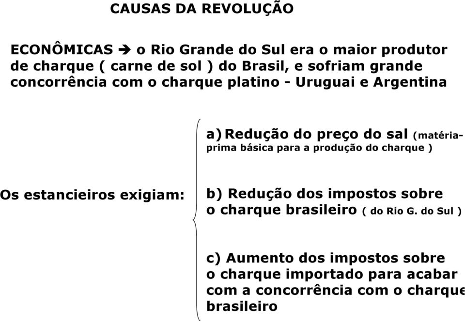 básica para a produção do charque ) Os estancieiros exigiam: b) Redução dos impostos sobre o charque brasileiro (