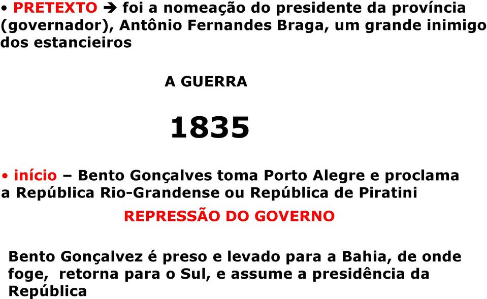 proclama a República Rio-Grandense ou República de Piratini REPRESSÃO DO GOVERNO Bento