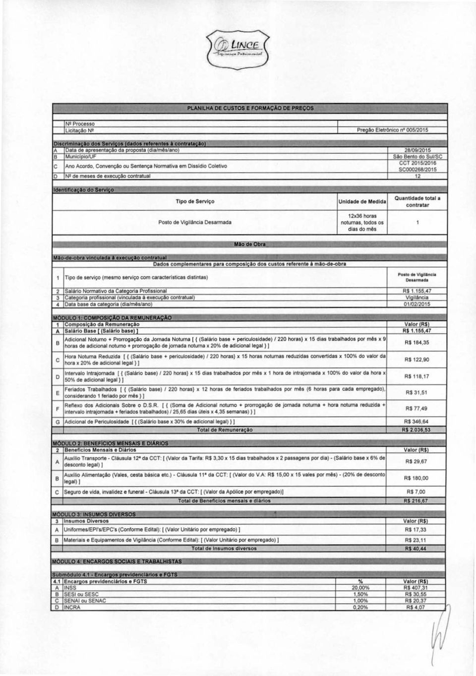 Convenção ou Sentença Normativa em Diuictio Coletivo CCT 205/206 SC000288/205 D Ne de meses de execução contratual 2 Identificação do Serviço Tipo de Serviço Unidade de Medida Quantidade total a