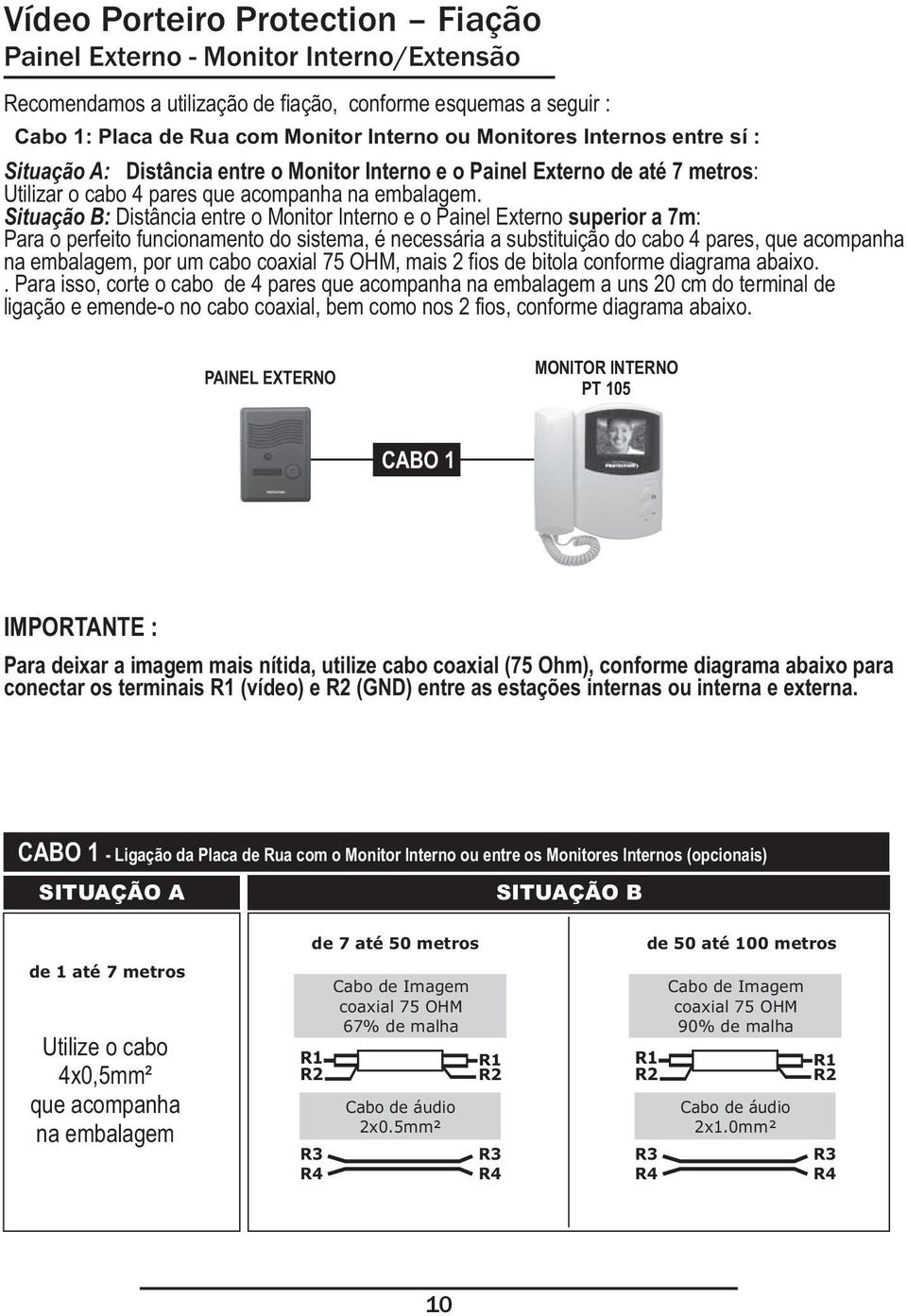 Situação B: Distância entre o Monitor Interno e o Painel Externo superior a 7m: Para o perfeito funcionamento do sistema, é necessária a substituição do cabo 4 pares, que acompanha na embalagem, por
