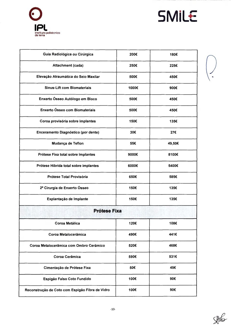 9000 8100 Prótese Híbrida total sobre implantes 6000 5400 Prótese Total Provisória 650 585 2 a Cirurgia de Enxerto Ósseo 150 135 Explantação de Implante 150 135 Prótese Fixa Coroa Metálica 120 108