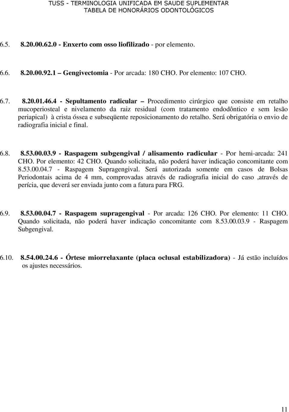 subseqüente reposicionamento do retalho. Será obrigatória o envio de radiografia inicial e final. 6.8. 8.53..3.9 - Raspagem subgengival / alisamento radicular - Por hemi-arcada: 241 CHO.