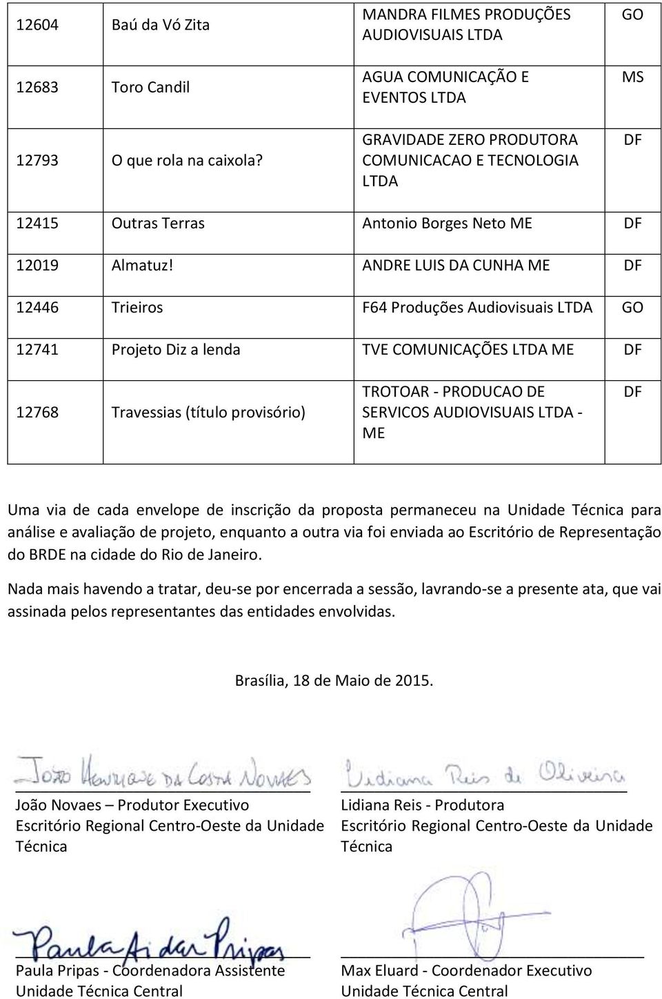 ANDRE LUIS DA CUNHA ME 12446 Trieiros F64 Produções Audiovisuais LTDA 12741 Projeto Diz a lenda TVE COMUNICAÇÕES LTDA ME 12768 Travessias (título provisório) TROTOAR - PRODUCAO DE SERVICOS