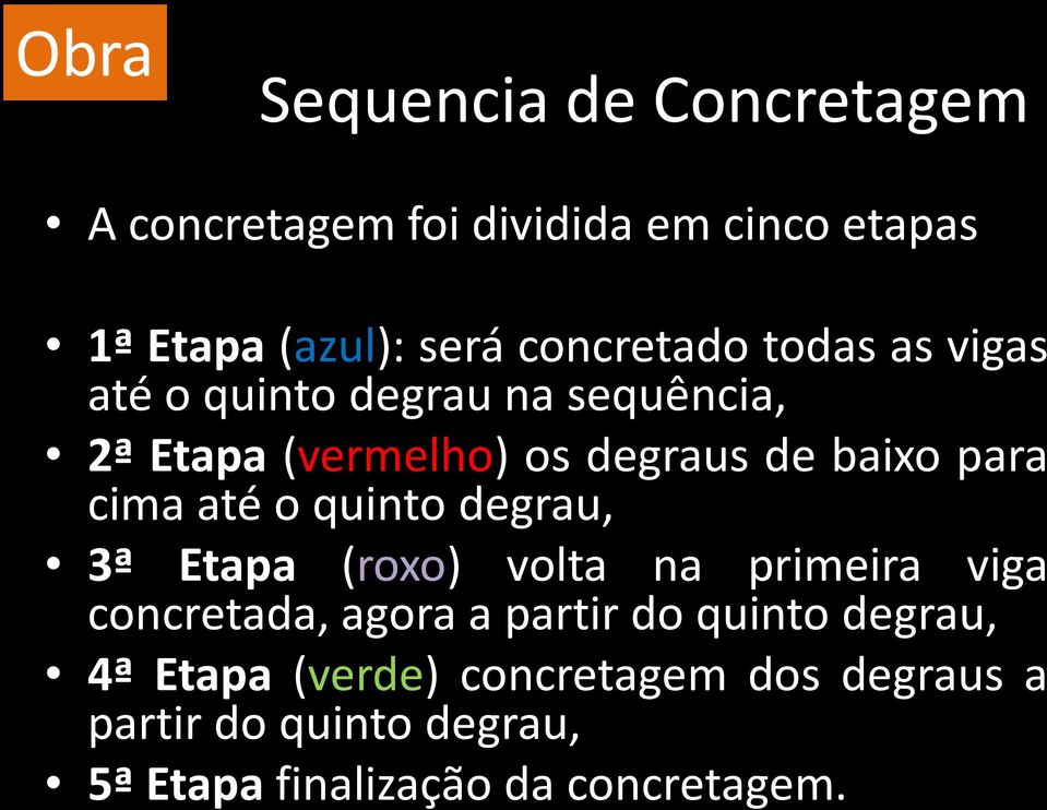 o quinto degrau, 3ª Etapa (roxo) volta na primeira viga concretada, agora a partir do quinto degrau,