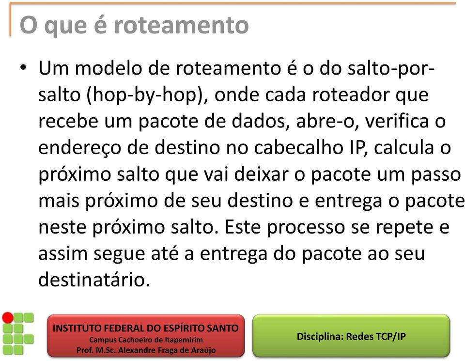 próximo salto que vai deixar o pacote um passo mais próximo de seu destino e entrega o pacote