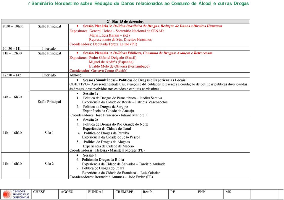 Direitos Humanos Coordenadora: Deputada Tereza Leitão (PE) 10h30 11h Intervalo 11h 12h30 Salão Principal Sessão Plenária 1: Políticas Públicas, Consumo de Drogas: Avanços e Retrocessos Expositores: