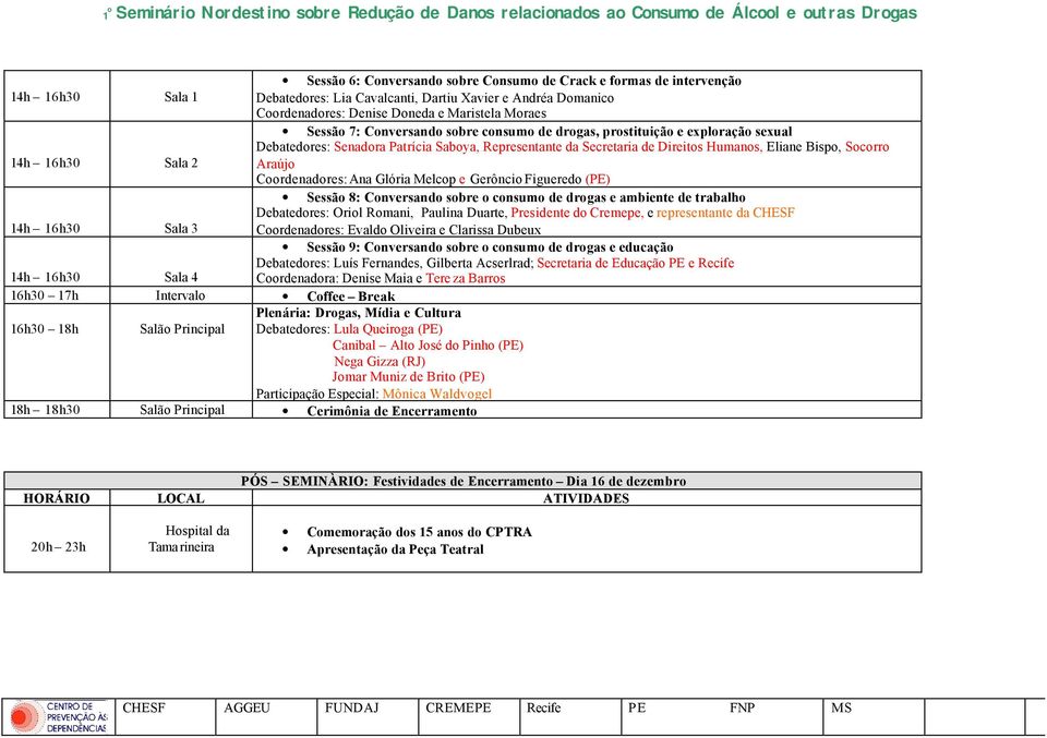 Representante da Secretaria de Direitos Humanos, Eliane Bispo, Socorro Araújo Coordenadores: Ana Glória Melcop e Gerôncio Figueredo (PE) Sessão 8: Conversando sobre o consumo de drogas e ambiente de