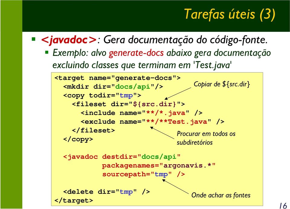 java' <target name="generate-docs"> <mkdir dir="docs/api"/> <copy todir="tmp"> <fileset dir="${src.dir}"> <include name="**/*.