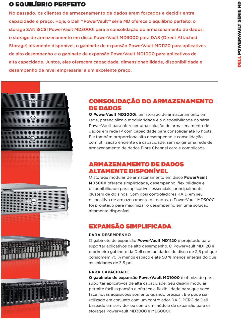 Storage) altamente disponível, o gabinete de expansão MD1120 para aplicativos de alto desempenho e o gabinete de expansão MD1000 para aplicativos de alta capacidade.