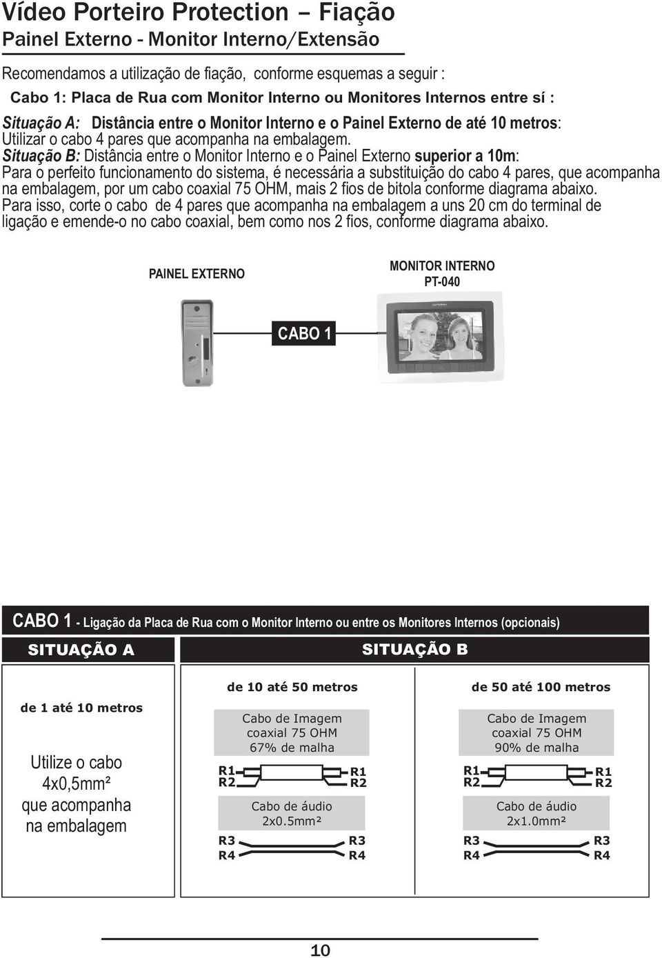 Situação B: Distância entre o Monitor Interno e o Painel Externo superior a 10m: Para o perfeito funcionamento do sistema, é necessária a substituição do cabo 4 pares, que acompanha na embalagem, por