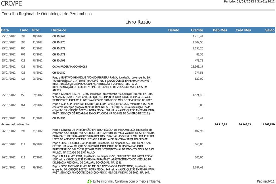 363,14 422 48/2012 CH 901780 277,55 424 08/2012 Pago a GUSTAVO HENRIQUE AFONSO FERREIRA PAIVA, liquidação do empenho 59, TRANSFERÊNCIA, INTERNET BANKING ref. a VALOR QUE SE EMPENHA PARA PAGT.