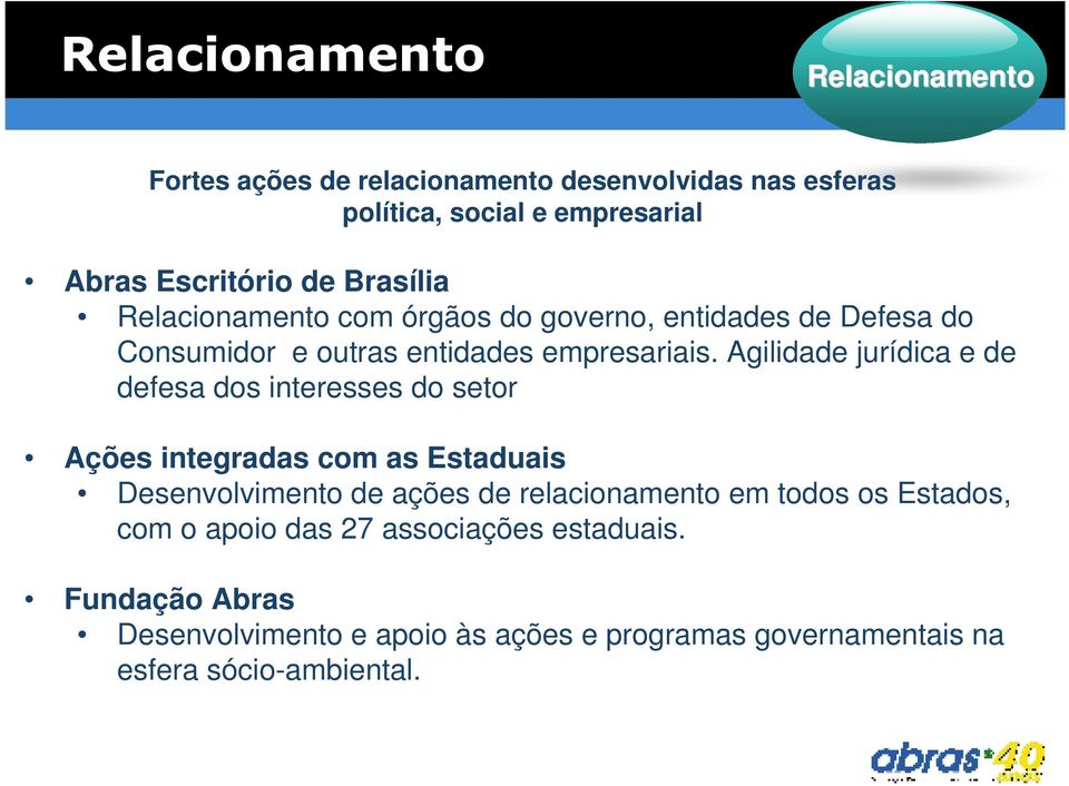 Agilidade jurídica e de defesa dos interesses do setor Ações integradas com as Estaduais Desenvolvimento de ações de relacionamento em