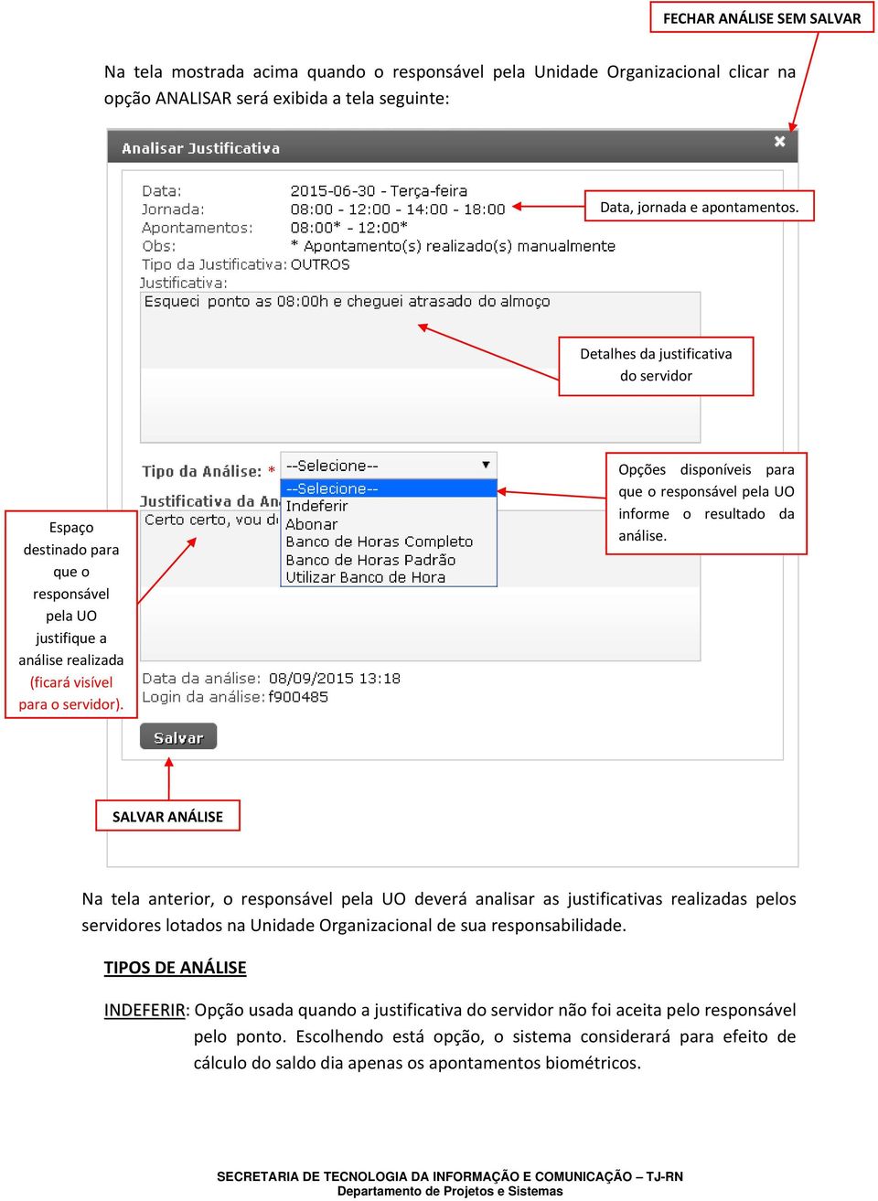 Opções disponíveis para que o responsável pela UO informe o resultado da análise.