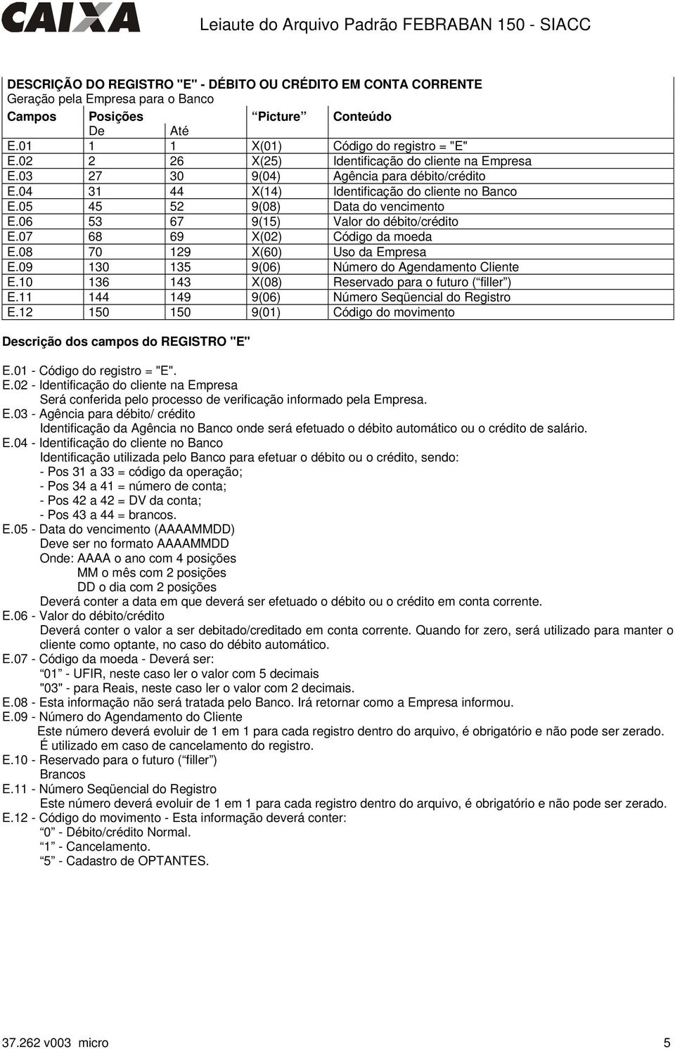 07 68 69 X(02) Código da moeda E.08 70 129 X(60) Uso da Empresa E.09 130 135 9(06) Número do Agendamento Cliente E.10 136 143 X(08) Reservado para o futuro ( filler ) E.