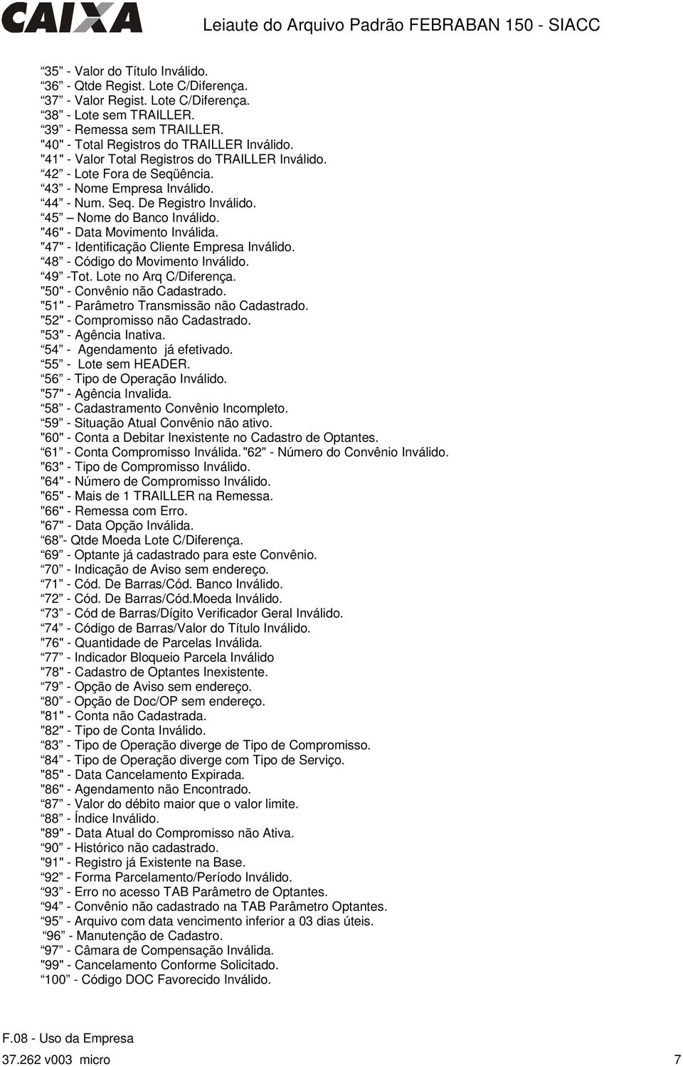 "47" - Identificação Cliente Empresa Inválido. 48 - Código do Movimento Inválido. 49 -Tot. Lote no Arq C/Diferença. "50" - Convênio não Cadastrado. "51" - Parâmetro Transmissão não Cadastrado.