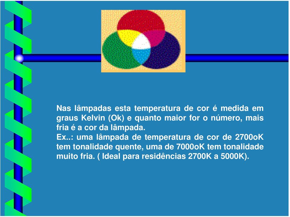 .: uma lâmpada de temperatura de cor de 2700oK tem tonalidade quente,