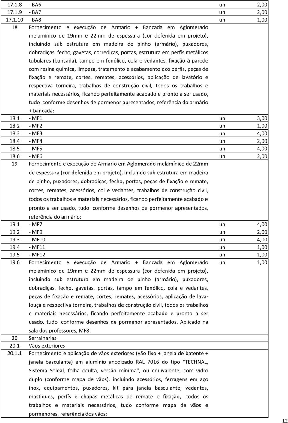 parede com resina química, limpeza, tratamento e acabamento dos perfis, peças de fixação e remate, cortes, remates, acessórios, aplicação de lavatório e respectiva torneira, trabalhos de construção