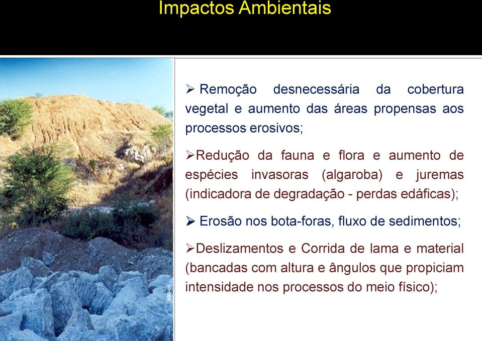 (indicadora de degradação - perdas edáficas); Erosão nos bota-foras, fluxo de sedimentos; Deslizamentos