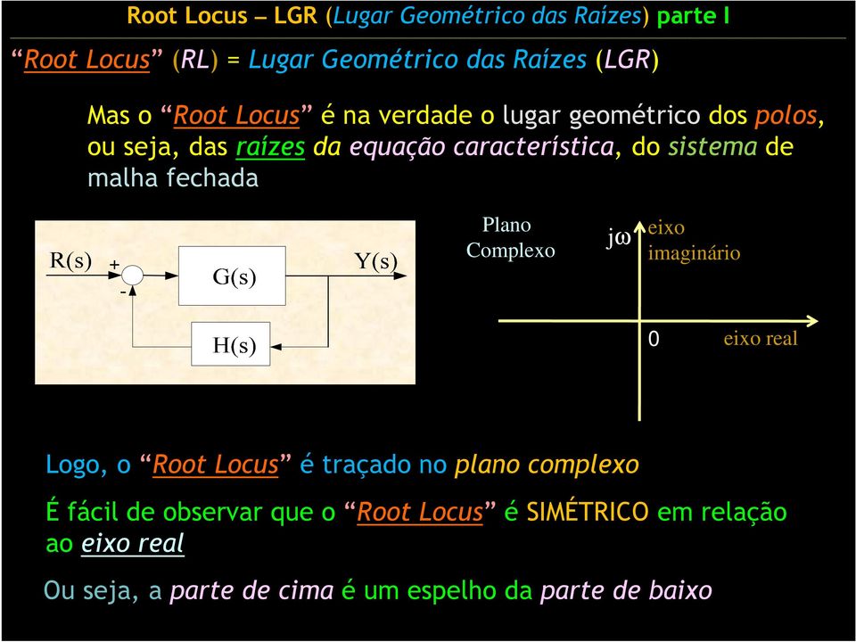 jω eixo imaginário eixo real Logo, o Root Locus é traçado no plano complexo É fácil de observar que