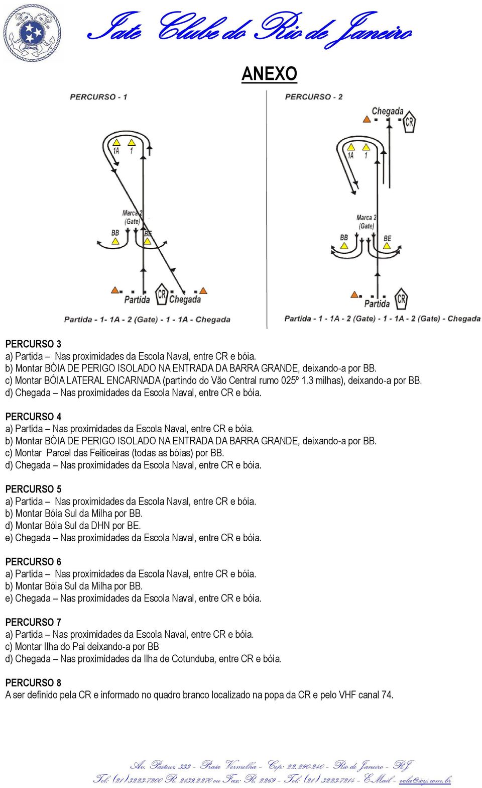 c) Montar Parcel das Feiticeiras (todas as bóias) por BB. d) Chegada Nas proximidades da Escola Naval, entre CR e bóia. PERCURSO 5 b) Montar Bóia Sul da Milha por BB. d) Montar Bóia Sul da DHN por BE.