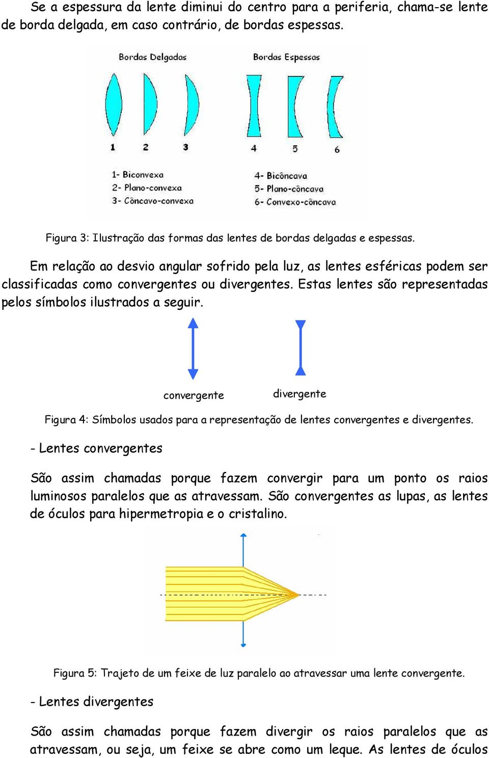 Estas lentes são representadas pelos símbolos ilustrados a seguir. convergente divergente Figura 4: Símbolos usados para a representação de lentes convergentes e divergentes.