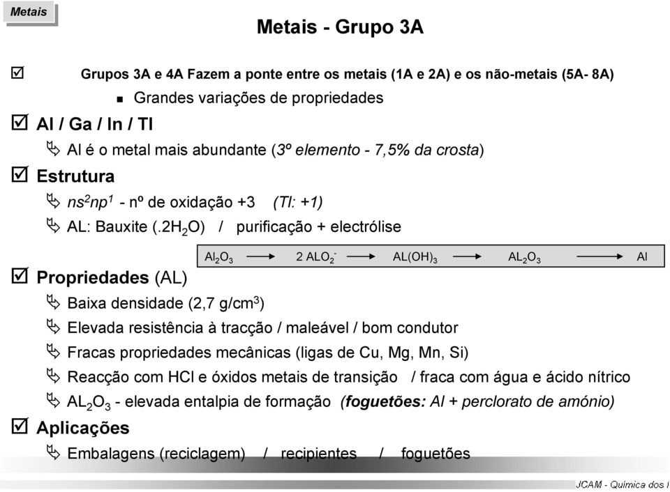 2H 2 O) / purificação + electrólise - Al 2 O 3 2 ALO 2 AL(OH) 3 AL 2 O 3 Al Propriedades (AL) Baixa densidade (2,7 g/cm 3 ) Elevada resistência à tracção / maleável / bom