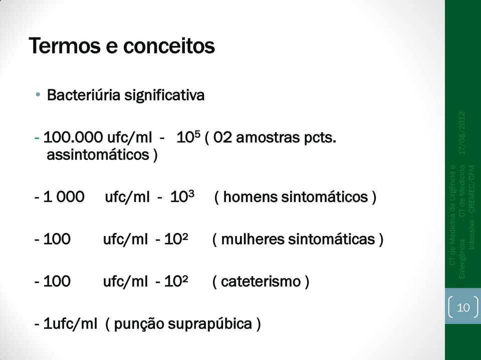 assintomáticos ) - 1 000 ufc/ml - 10 3 ( homens sintomáticos ) -