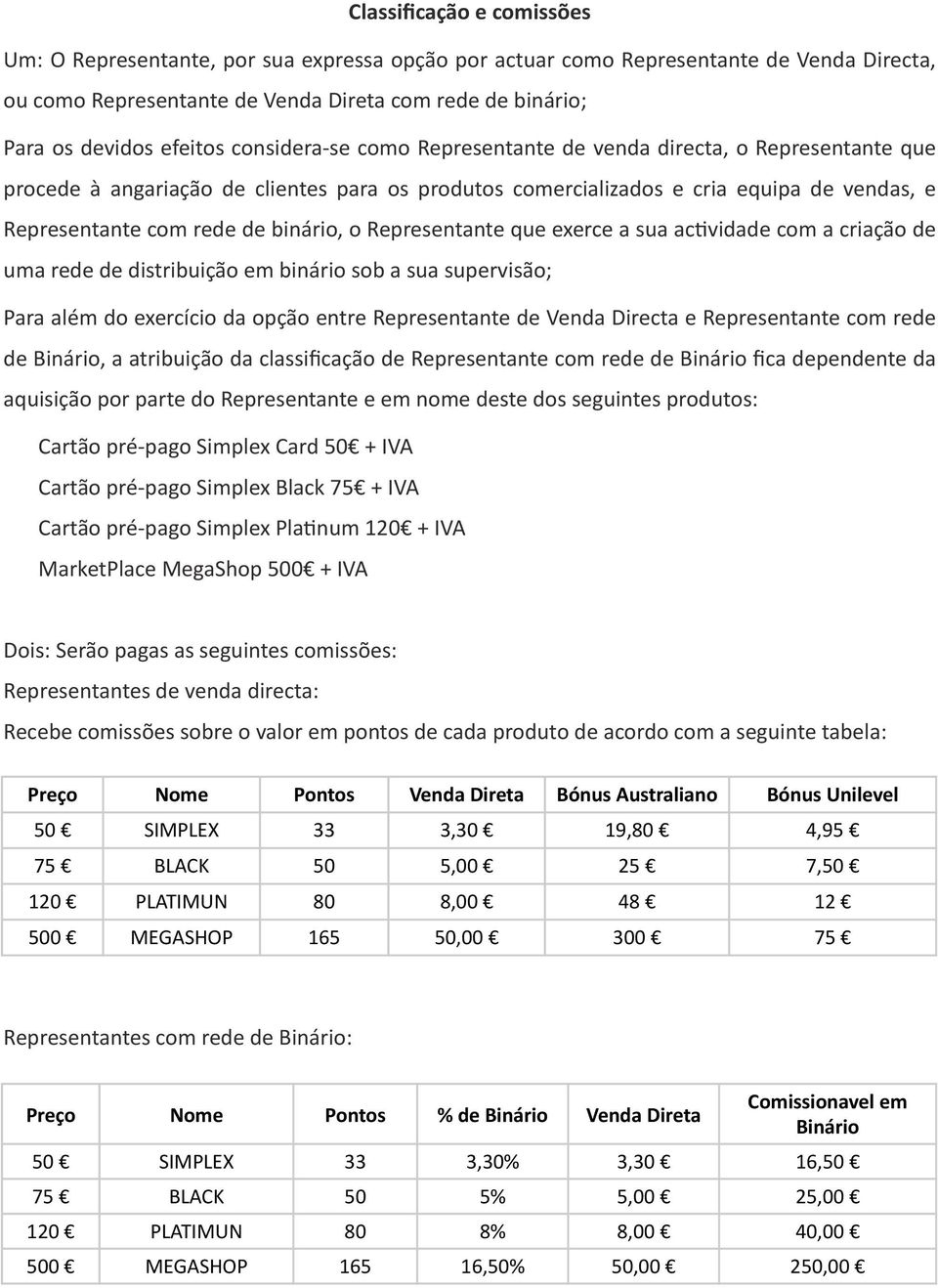 binário, o Representante que exerce a sua ac=vidade com a criação de uma rede de distribuição em binário sob a sua supervisão; Para além do exercício da opção entre Representante de Venda Directa e